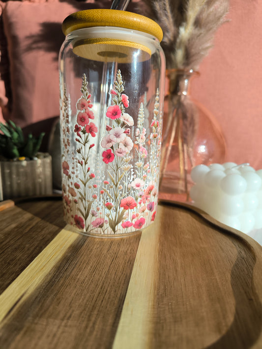 Verre en verre motif prairie fleurie – Bouchon bambou & paille en verre (500 ml)