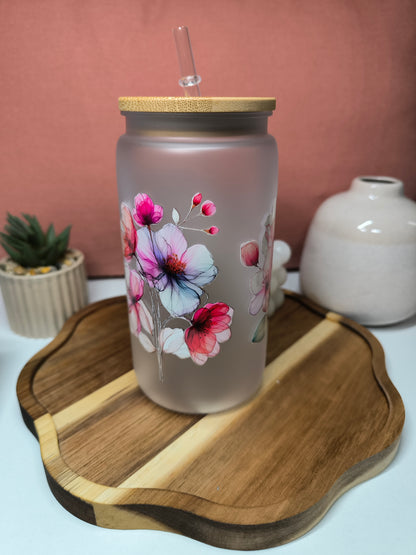 Verre paille givré fleurs roses